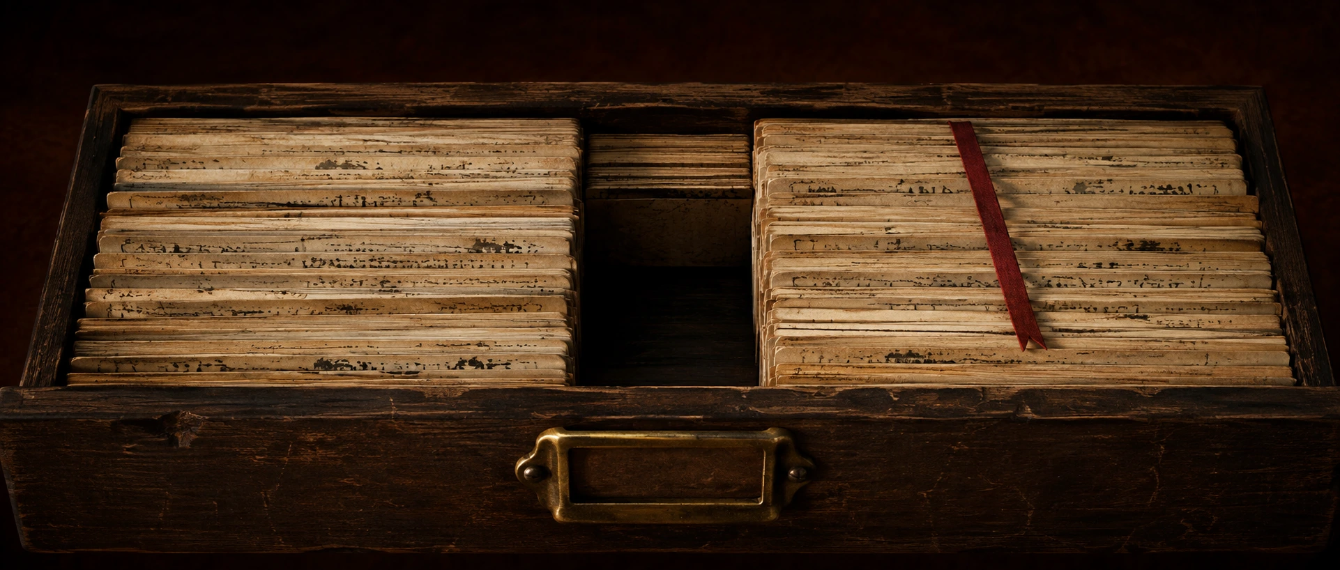An open card index drawer in dark wood, its aged handwritten cards packed tight at both ends with an empty gap in the middle where a run of them is missing. A red ribbon marker lies across the cards on the right.