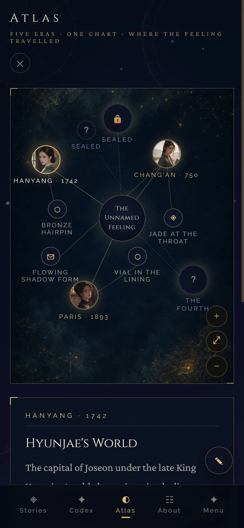 The Atlas screen: five eras on one chart around a centre marked the unnamed feeling, with two of the five still sealed.