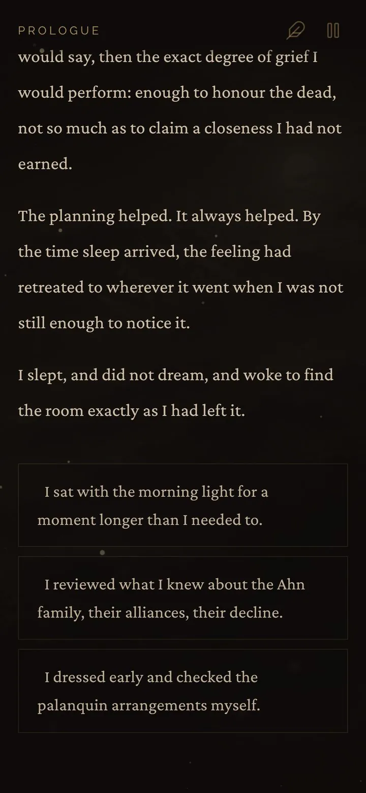 A choice moment in the reader, the options written as things she does rather than moods she has.