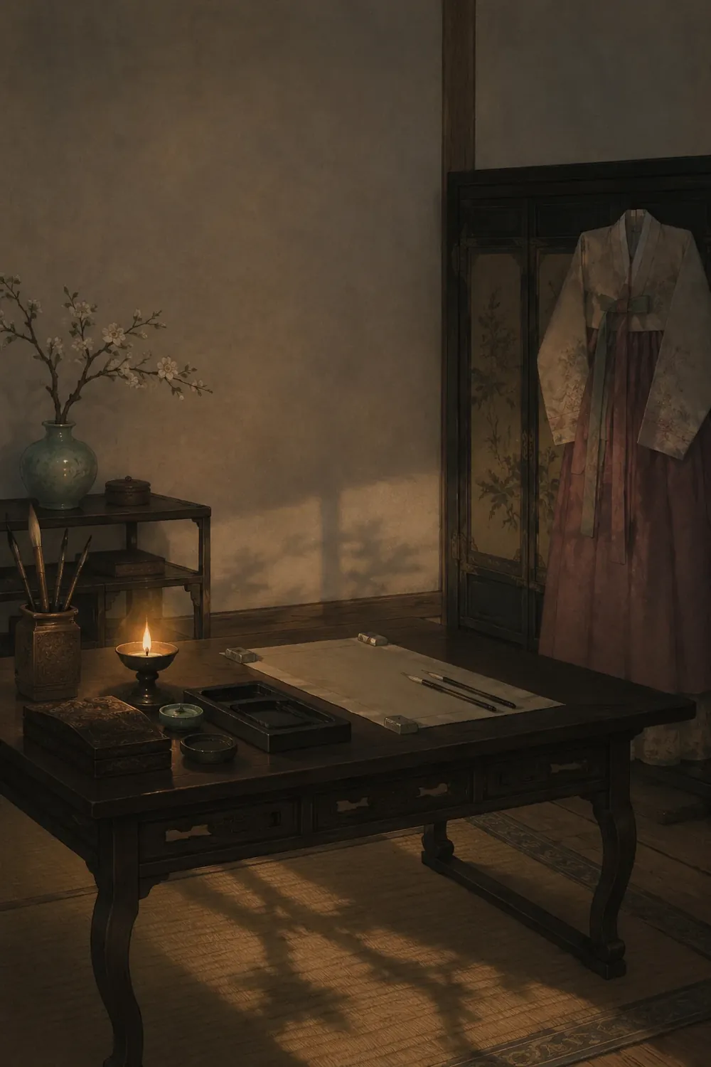 A Joseon scholar's desk by candlelight: brushes, an inkstone, a sheet of blank paper, and a hanbok hanging on a stand behind it.