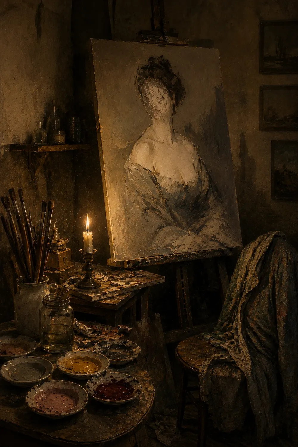 A Paris painter's studio at night, an unfinished portrait of a woman on the easel, pigments and brushes on the table.