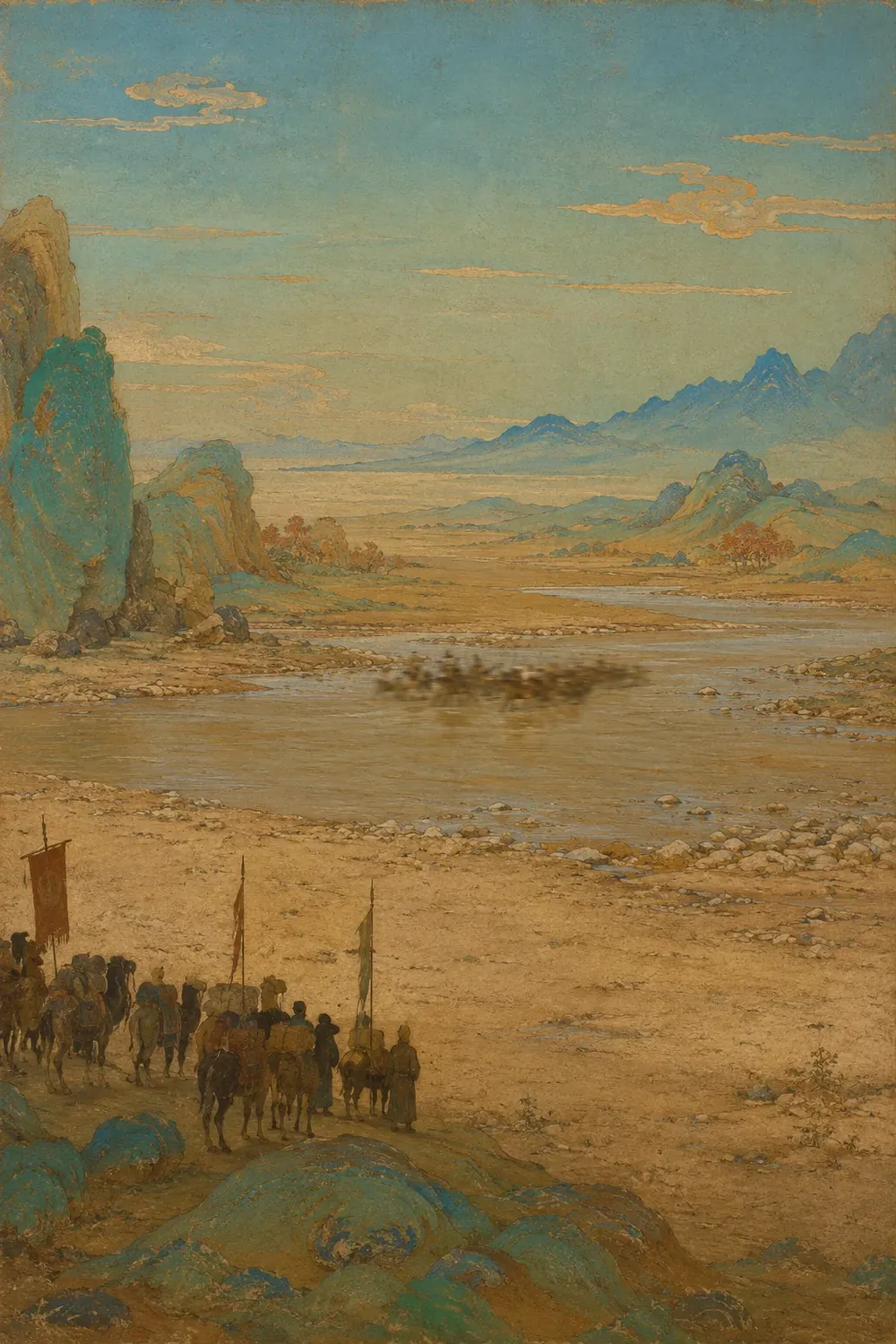 A caravan halted at a river ford on the Tang frontier, blue and gold mountains running to the horizon.