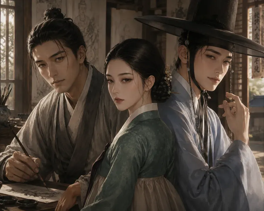 Hyunjae in a green hanbok between the two men of her story, in a Joseon interior.