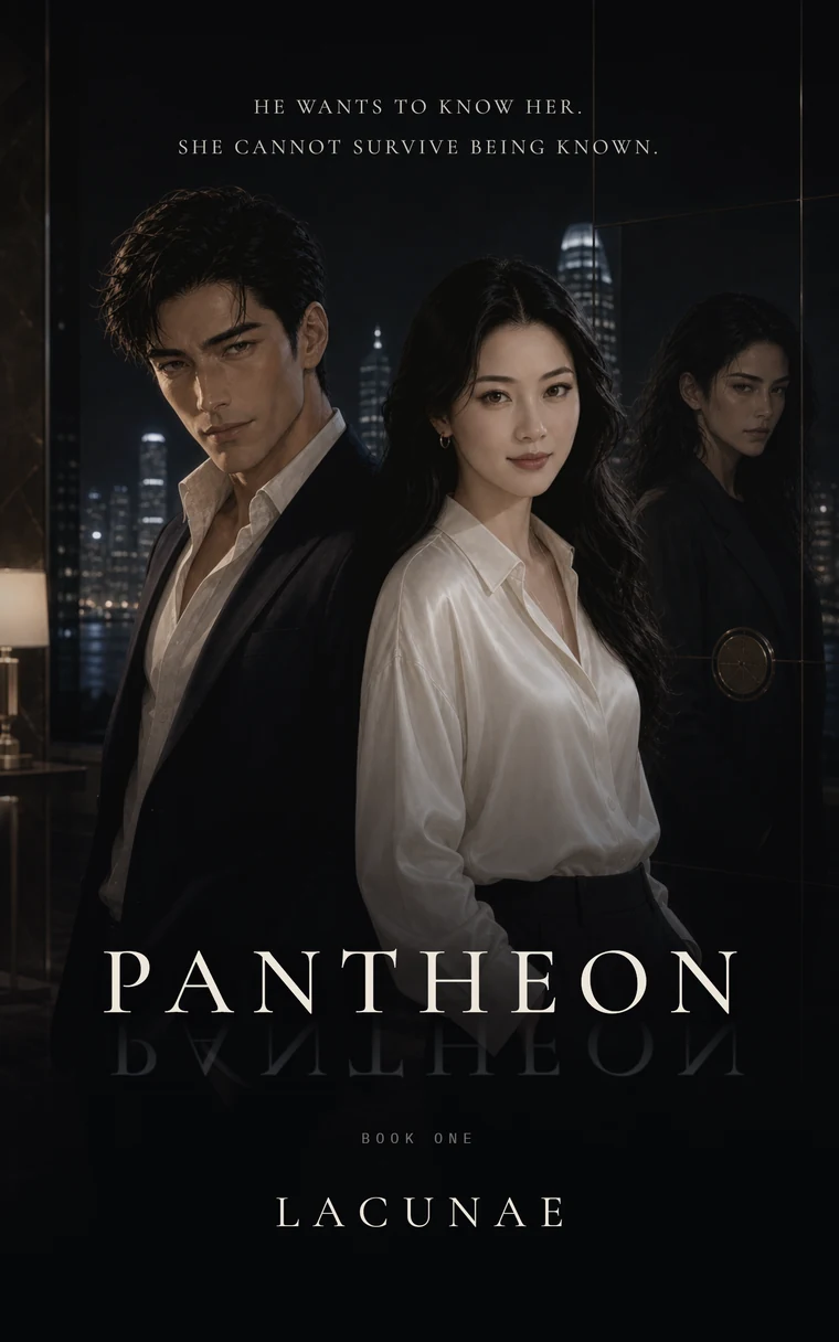 The cover of Pantheon: two figures before a night-lit Hong Kong tower, a third watching from the glass behind them, the title in pale serif beneath.