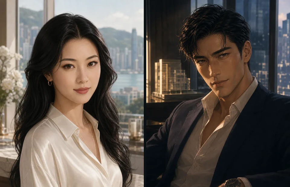 The two leads side by side: Vivienne Ho in cream silk at a window over the harbour, and Damien Tang in a navy suit against the city at night.