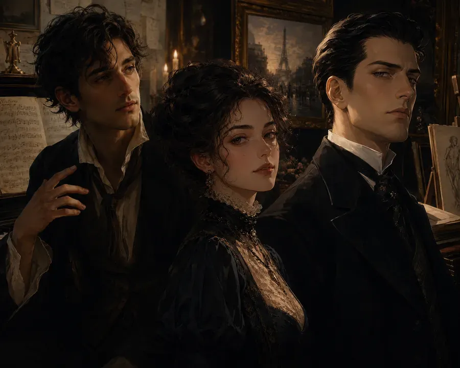 Reine in black lace between Lucien and Remy, in a Paris studio hung with paintings.