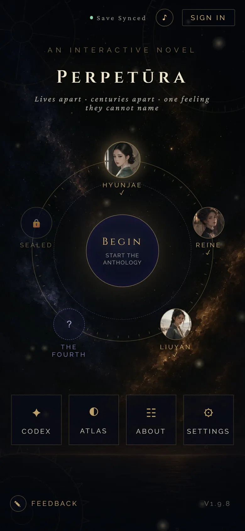 The title screen, an orrery of rings with each story orbiting the central Begin dial.