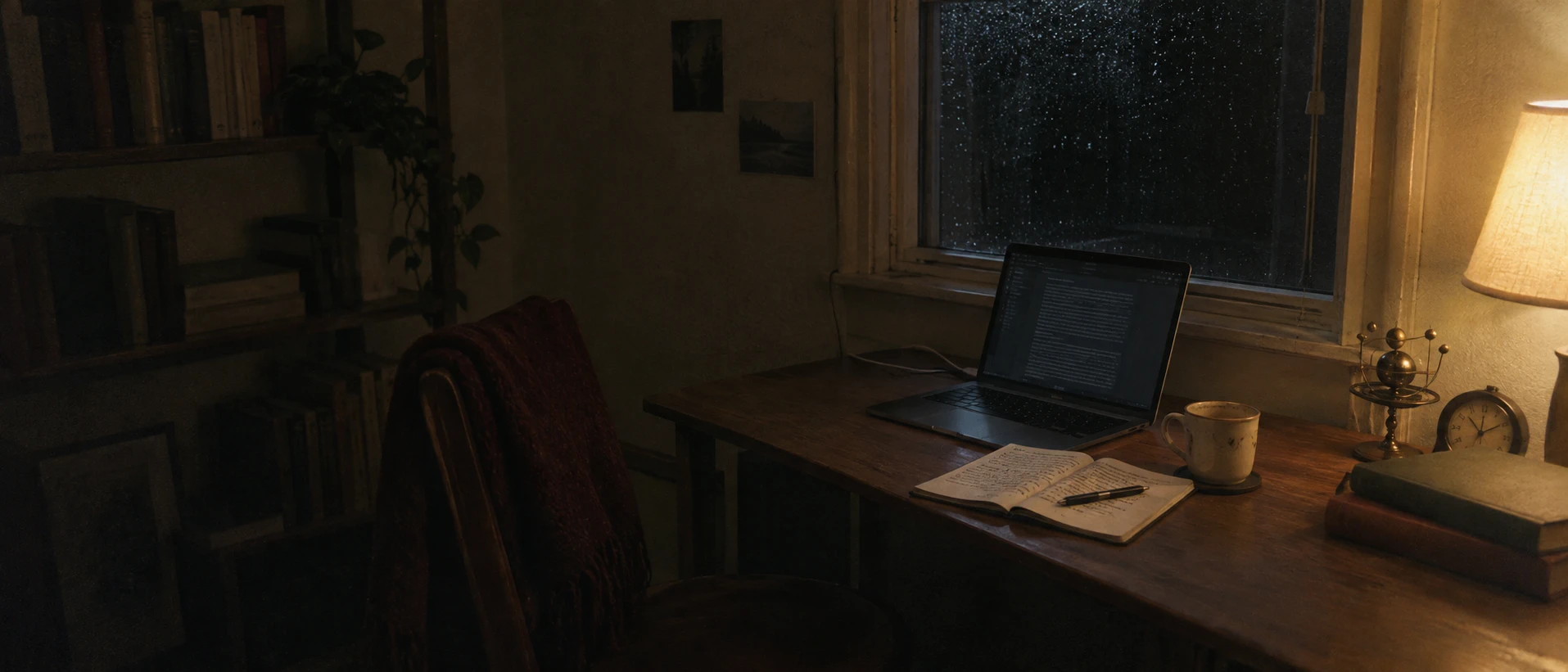 A desk in the corner of an ordinary room at night, lit by one lamp off to the right. A laptop stands open on a page of writing too small to read, its charger cable trailing across the desk. In front of it an open notebook covered in handwriting with a pen laid down across the page, a mug, a small brass orrery and a little clock. Rain on the dark window behind. Shelves of books, a plant and a chair with a dark red throw over the back sit in shadow to the left.