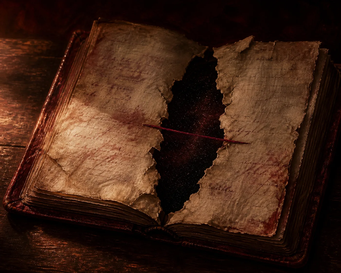 An old ledger lying open, one page torn away, a starfield showing through the gap and a single crimson thread crossing the tear