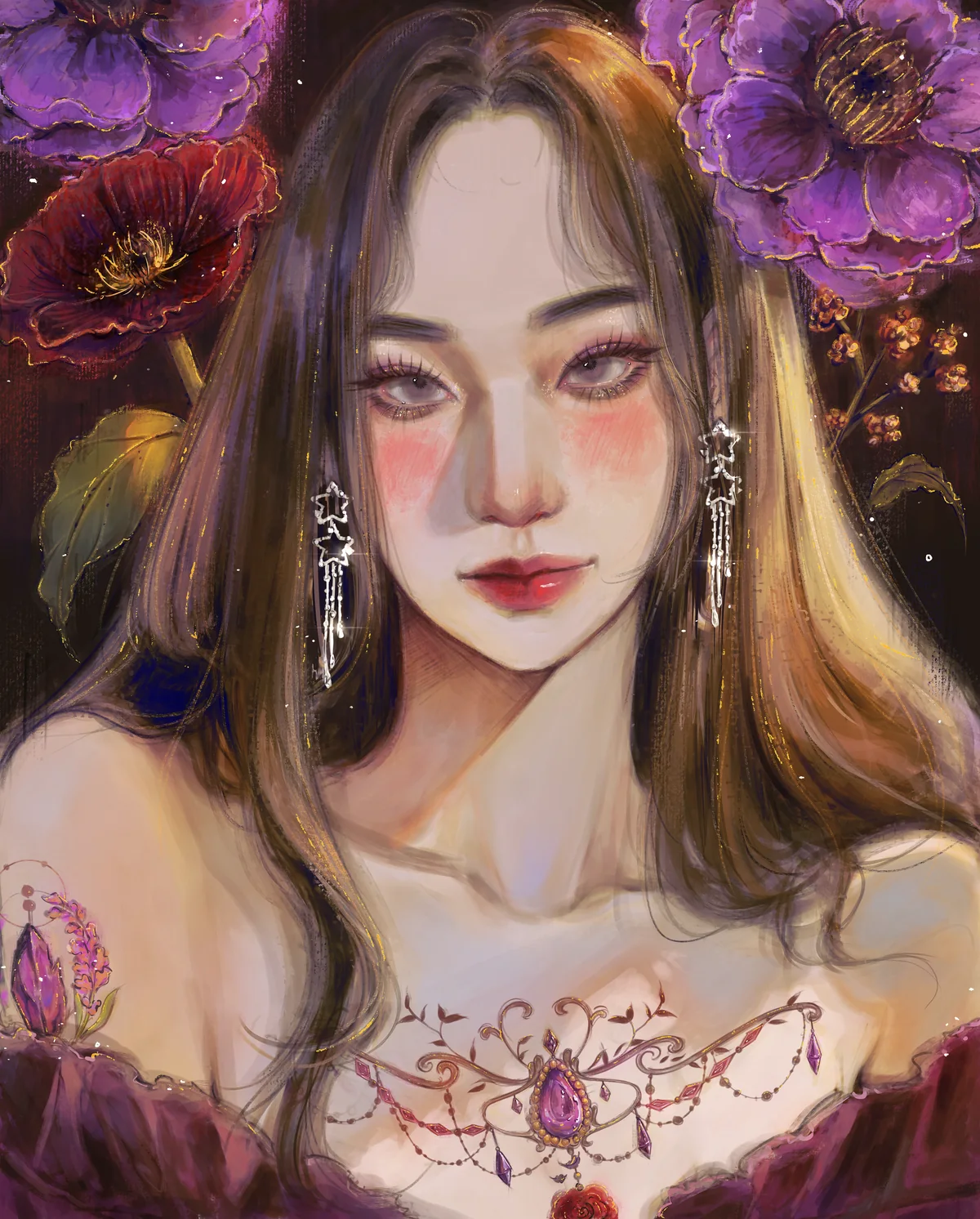 An illustrated portrait of Lacunae: long dark hair, star earrings and a jewelled collar, among violet and crimson flowers on a dark ground.