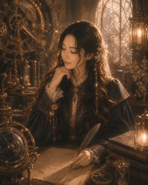 A writer at a desk crowded with astronomical instruments and candlelight, warm gold tones against a dark room.