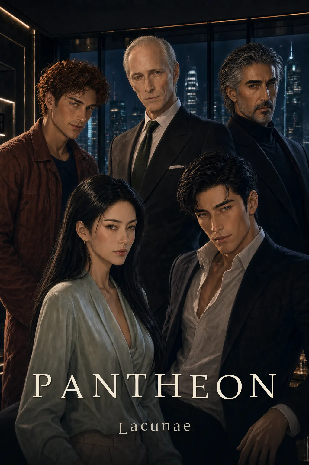 The Pantheon cover: a woman in evening dress seen against the lights of Hong Kong