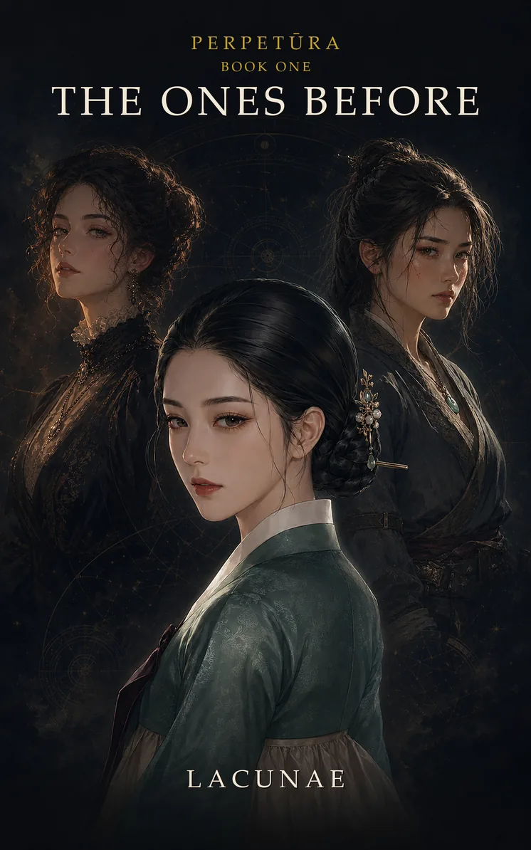 The cover of Perpetūra Book One, The Ones Before: three women against a dark ground marked with faint gold astrolabe circles. In front, a woman in a jade-green jeogori and pale skirt, her black hair in a braided bun held by a jewelled pin. Behind her on one side a woman with dark curls in a high-necked black gown, on the other a woman in dark layered robes with a leather belt.