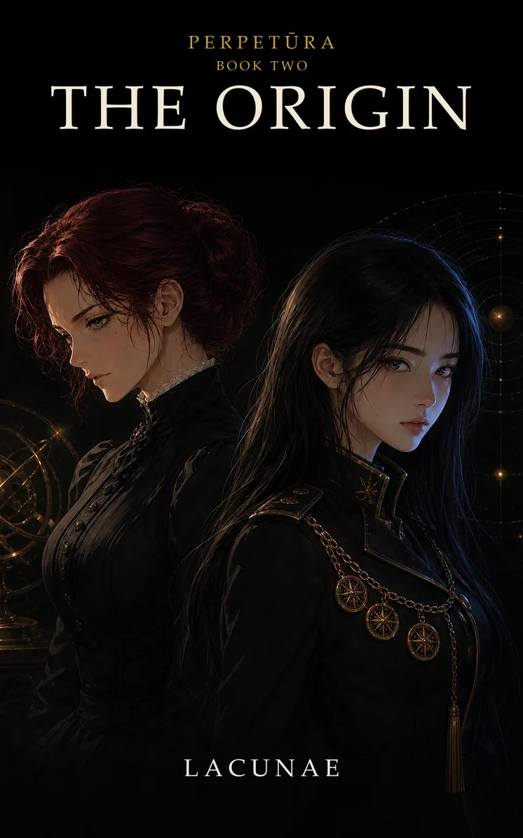 The cover of Perpetūra Book Two, The Origin: two women standing back to back against near black, a brass armillary sphere at one side and faint gold orbit rings at the other. On the left a woman with dark red hair pinned up, in a high-necked black Victorian gown, seen in profile. On the right a woman with long black hair in a black military-cut coat hung with gold compass-rose medallions on a chain.
