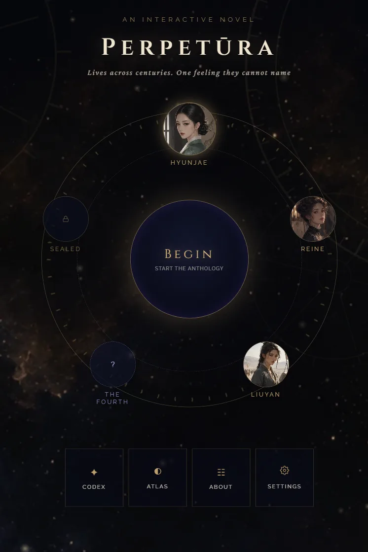 The Perpetūra title screen: an orrery of the five stories, three portraits revealed around the Begin dial, one sealed and one still unknown