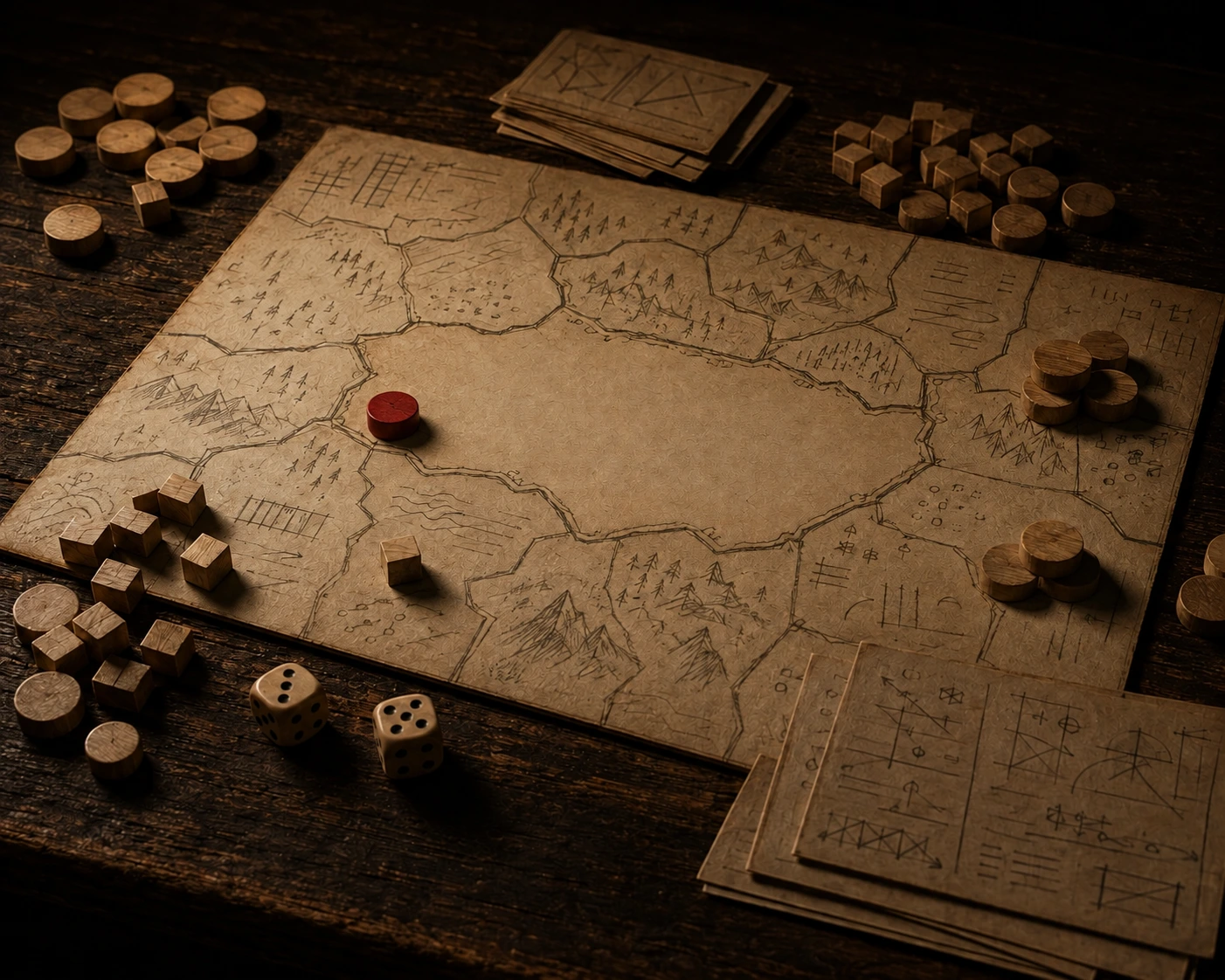 A hand drawn board game map on a dark table, its territories inked in with tiny trees and mountains but its centre left blank. Wooden discs and cubes are heaped at the edges, two dice sit beside it, and a single red playing piece stands on one border.